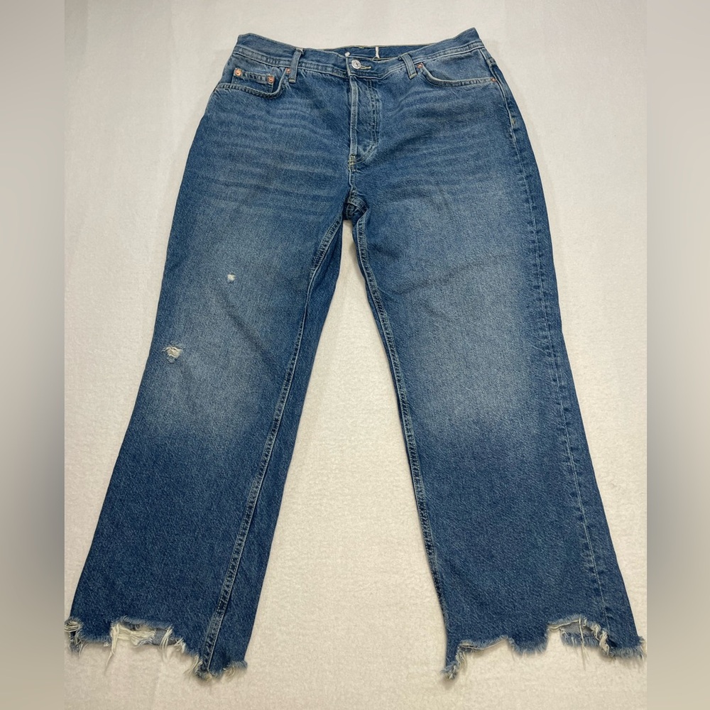 We The Free Maggie Jeans 32 Mid Rise Straight Distressed Raw Hem